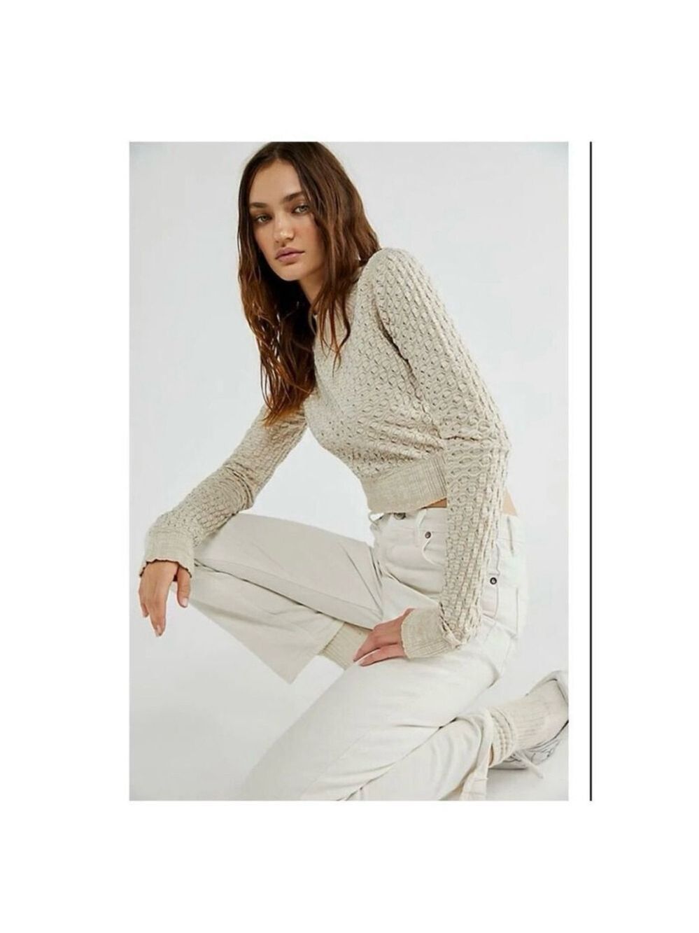 Free People Crop Top In Beige and White Stripes Sz L NWT